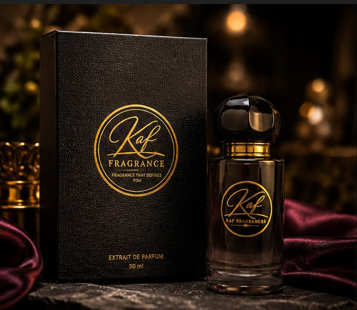 Royal Empire Extrait de Parfum bottle next to luxury black box packaging